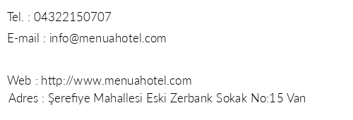 Menua Hotel telefon numaralar, faks, e-mail, posta adresi ve iletiim bilgileri